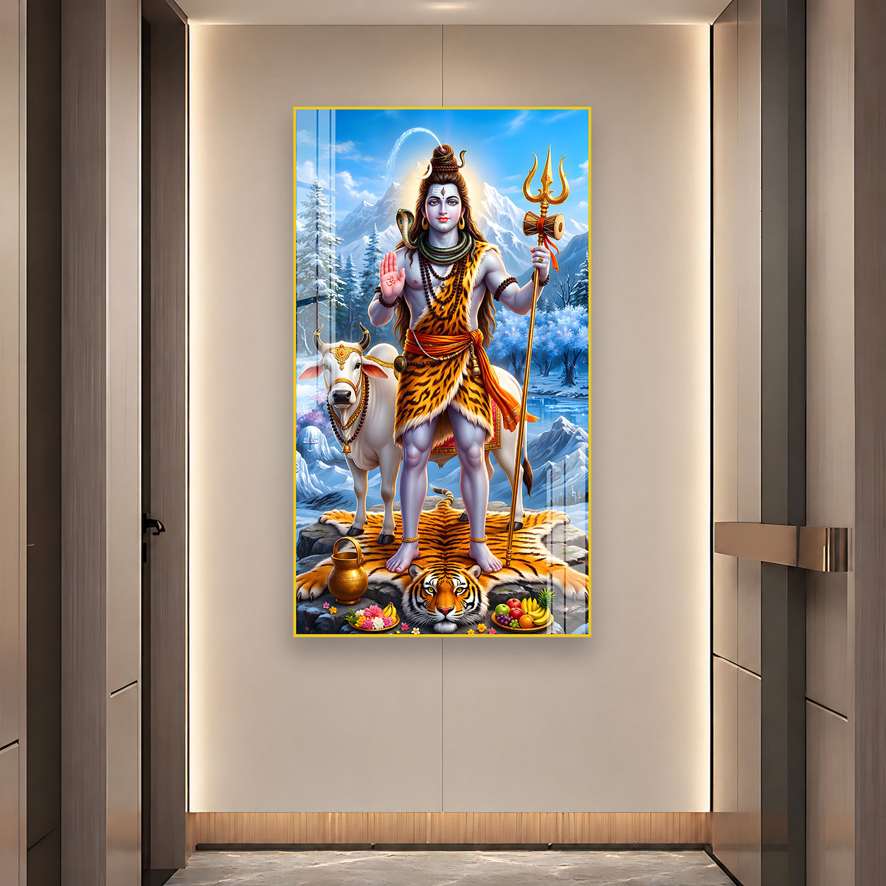 Mahadev Standing Acrylic Glass Painting with Trishul and Damru for Pooja Room