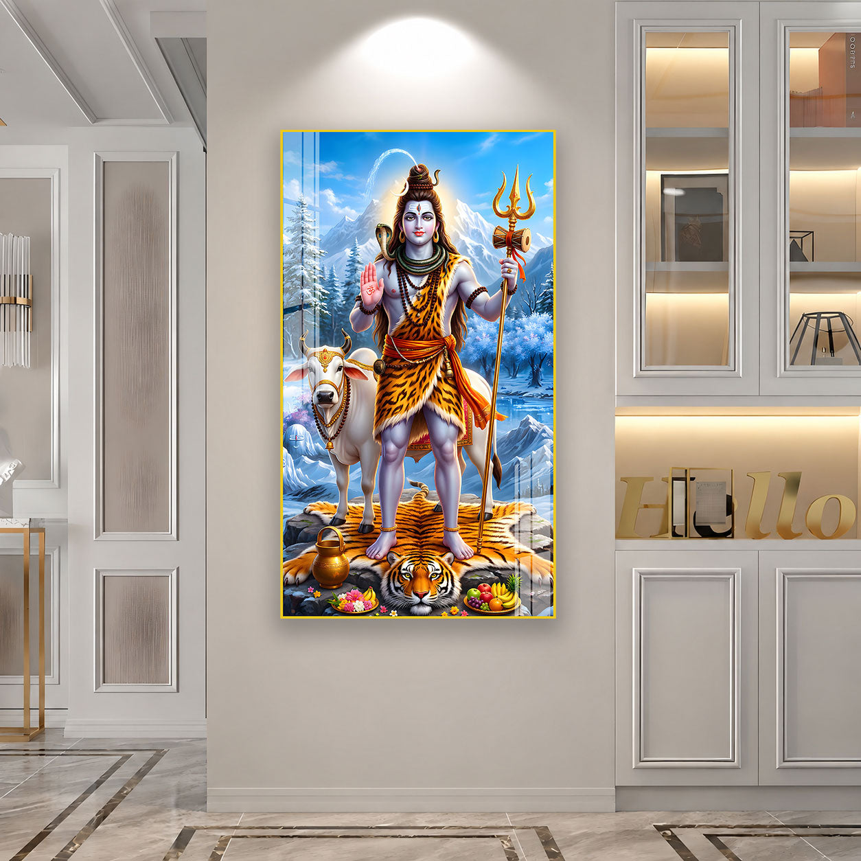 Mahadev Standing Acrylic Glass Painting with Trishul and Damru for Pooja Room