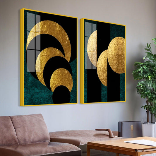 Golden Geometric Circles Shapes Art Acrylic Floating Wall Painting Set Of 2 - Decor Smart