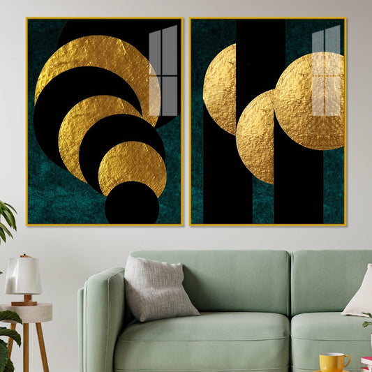 Golden Geometric Circles Shapes Art Acrylic Floating Wall Painting Set Of 2 - Decor Smart