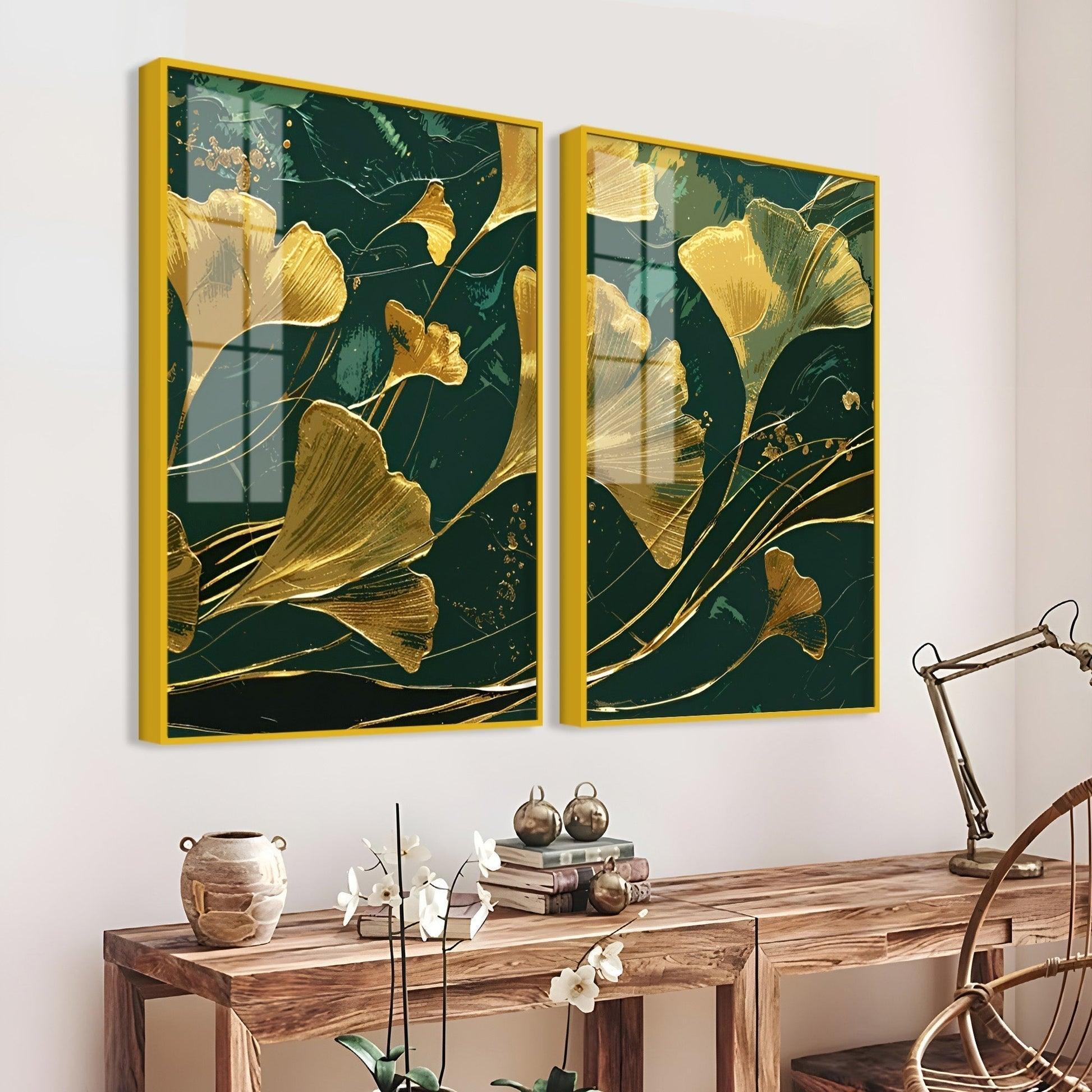 Golden Ginkgo Biloba Leaves Drawn Acrylic Floating Wall Painting Set Of 2 - Decor Smart