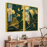 Golden Ginkgo Biloba Leaves Drawn Acrylic Floating Wall Painting Set Of 2 - Decor Smart