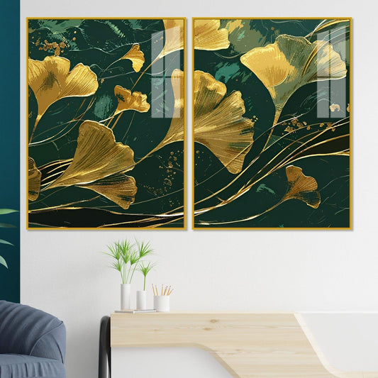 Golden Ginkgo Biloba Leaves Drawn Acrylic Floating Wall Painting Set Of 2 - Decor Smart