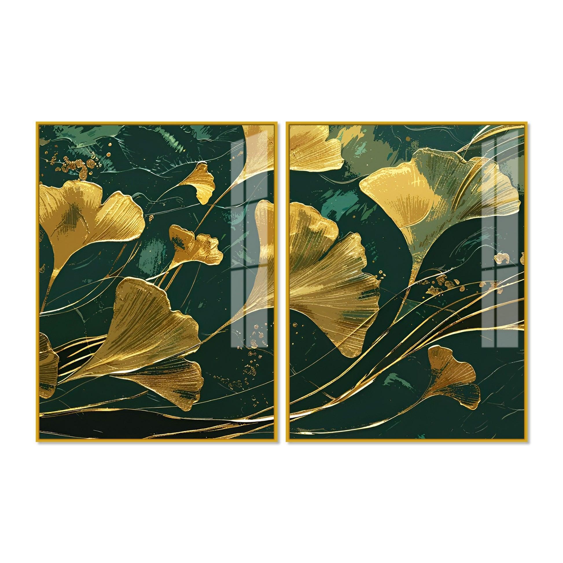 Golden Ginkgo Biloba Leaves Drawn Acrylic Floating Wall Painting Set Of 2 - Decor Smart
