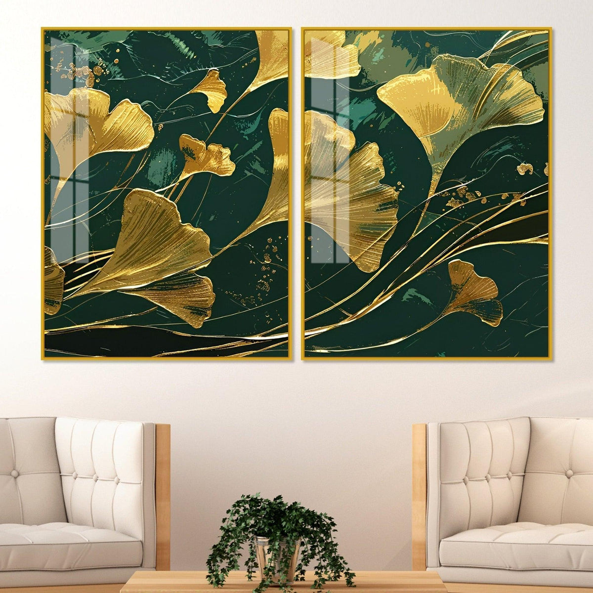 Golden Ginkgo Biloba Leaves Drawn Acrylic Floating Wall Painting Set Of 2 - Decor Smart