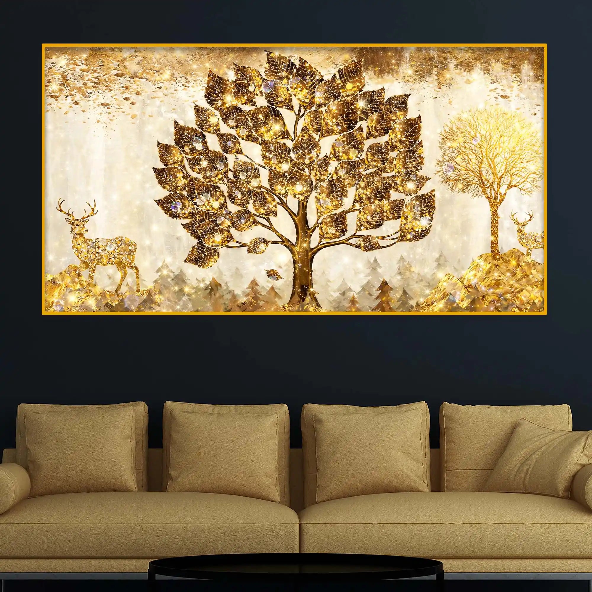 Golden Glow Tree and Deer Crystal Glass Wall Painting