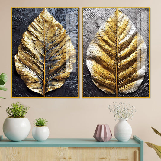 Golden Leaf Textured Impasto Layers Acrylic Floating Wall Painting Set Of 2 - Decor Smart
