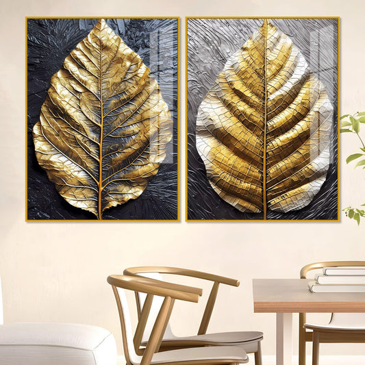 Golden Leaf Textured Impasto Layers Acrylic Floating Wall Painting Set Of 2 - Decor Smart