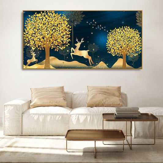 Golden Leaf Tree with Golden Deer Canvas wall Painting - Decor Smart