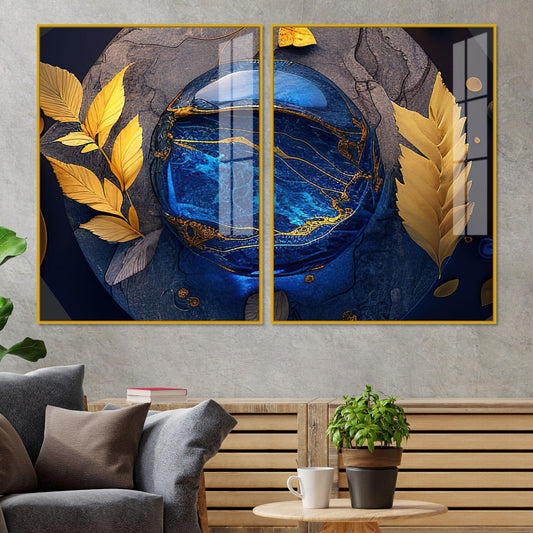 Golden Leaves Acrylic Floating Wall Painting Set of 2 - Decor Smart