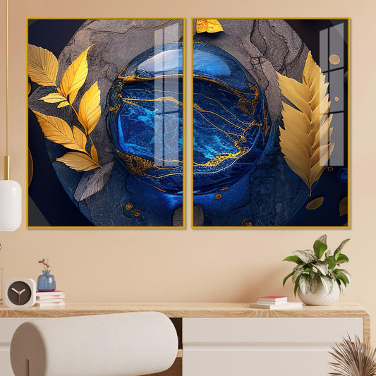 Golden Leaves Acrylic Floating Wall Painting Set of 2 - Decor Smart