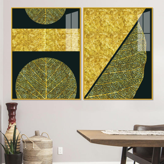 Golden Leaves and Line Art Acrylic Floating Wall Painting Set Of 2 - Decor Smart