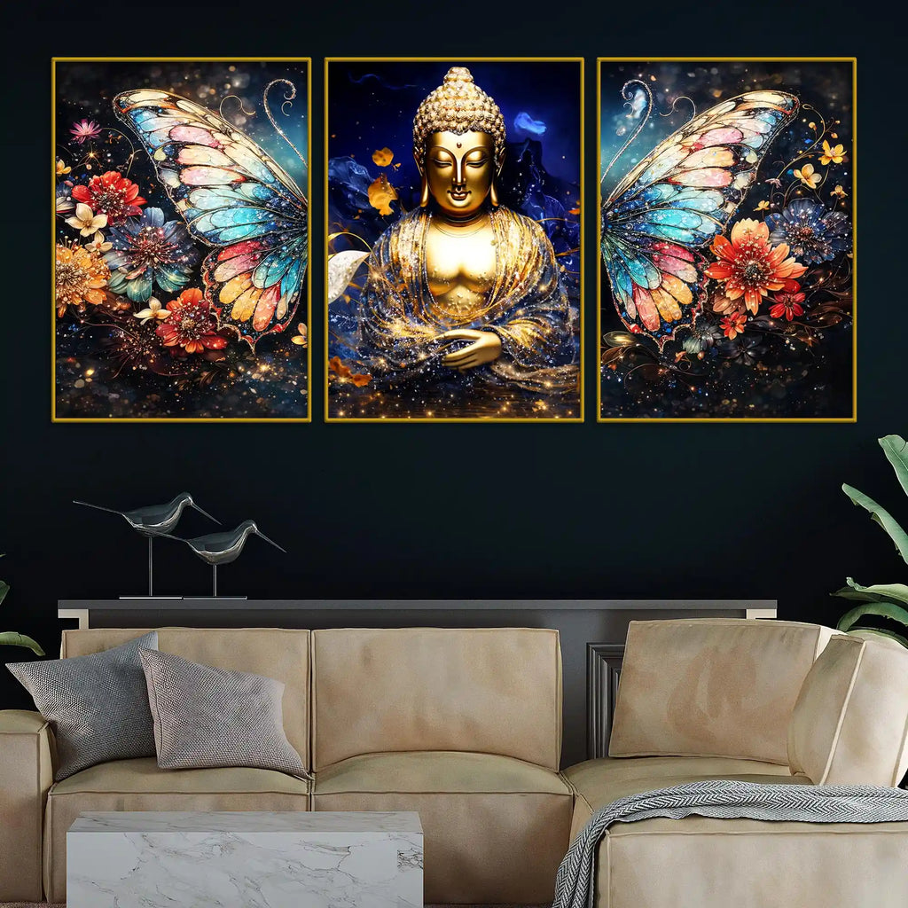 Golden Lord Buddha and Floral Butterfly Wings Floating Frame Crystal Wall Painting Set of 3