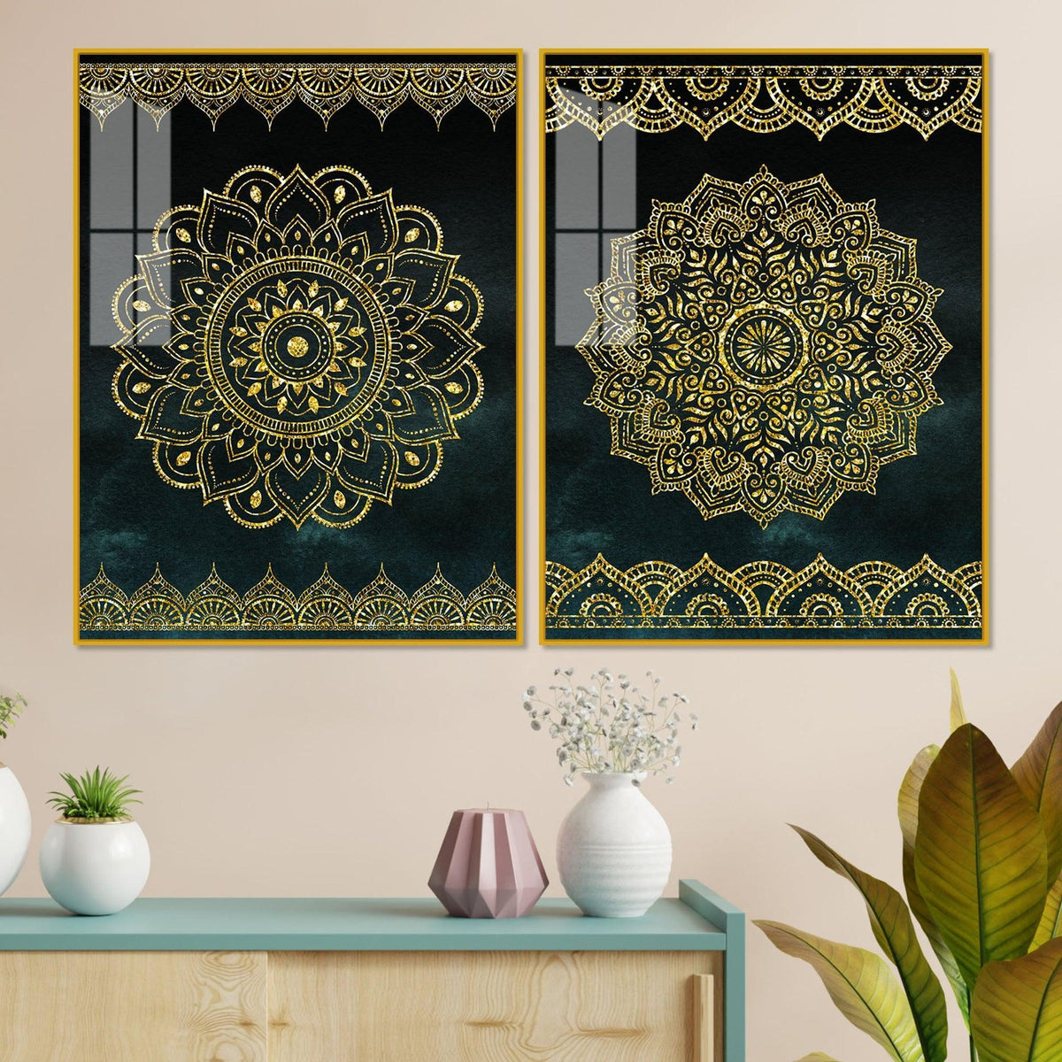 Golden Mandala Pattern Acrylic Floating Wall Painting Set of 2 - Decor Smart