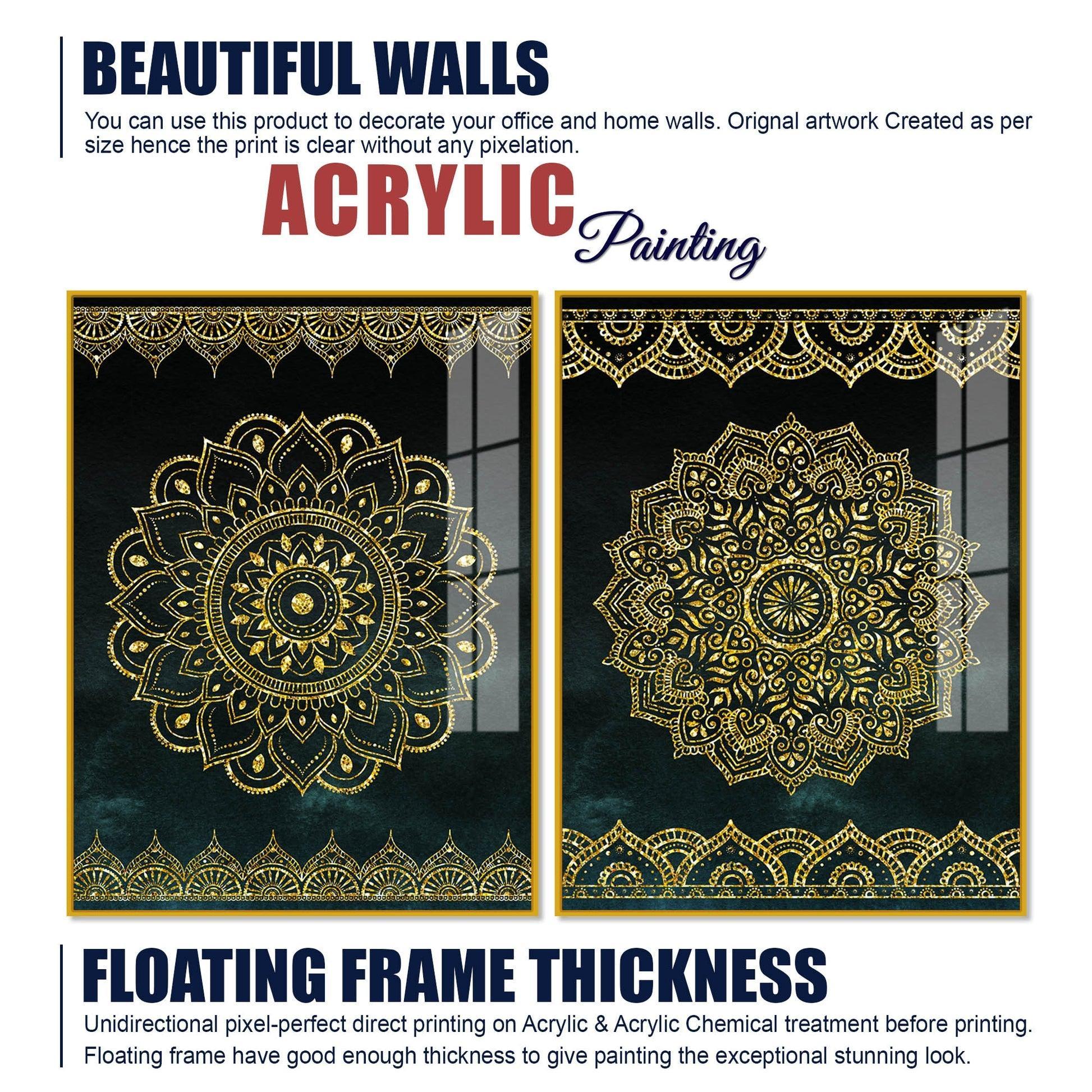 Golden Mandala Pattern Acrylic Floating Wall Painting Set of 2 - Decor Smart
