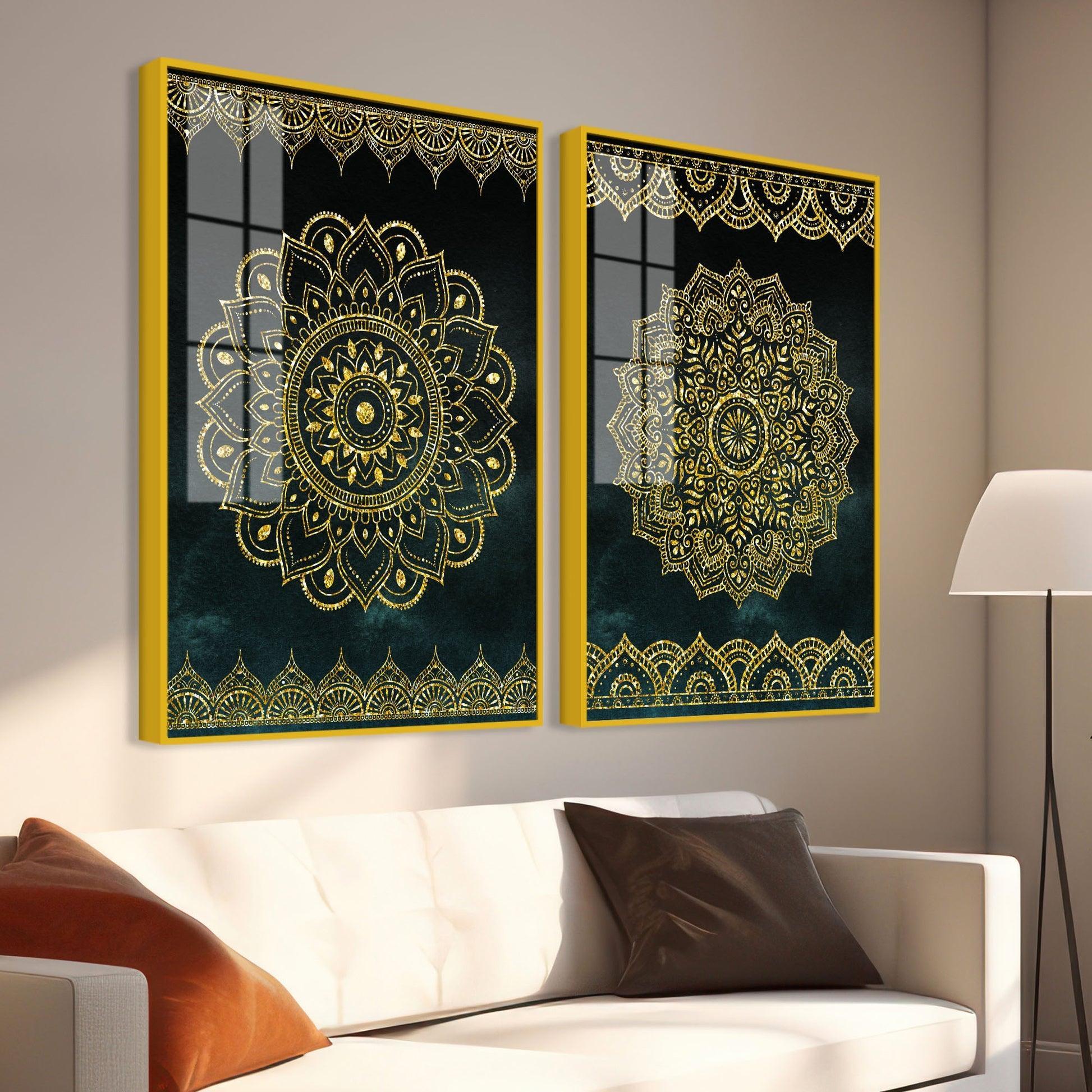 Golden Mandala Pattern Acrylic Floating Wall Painting Set of 2 - Decor Smart