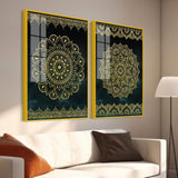 Golden Mandala Pattern Acrylic Floating Wall Painting Set of 2 - Decor Smart