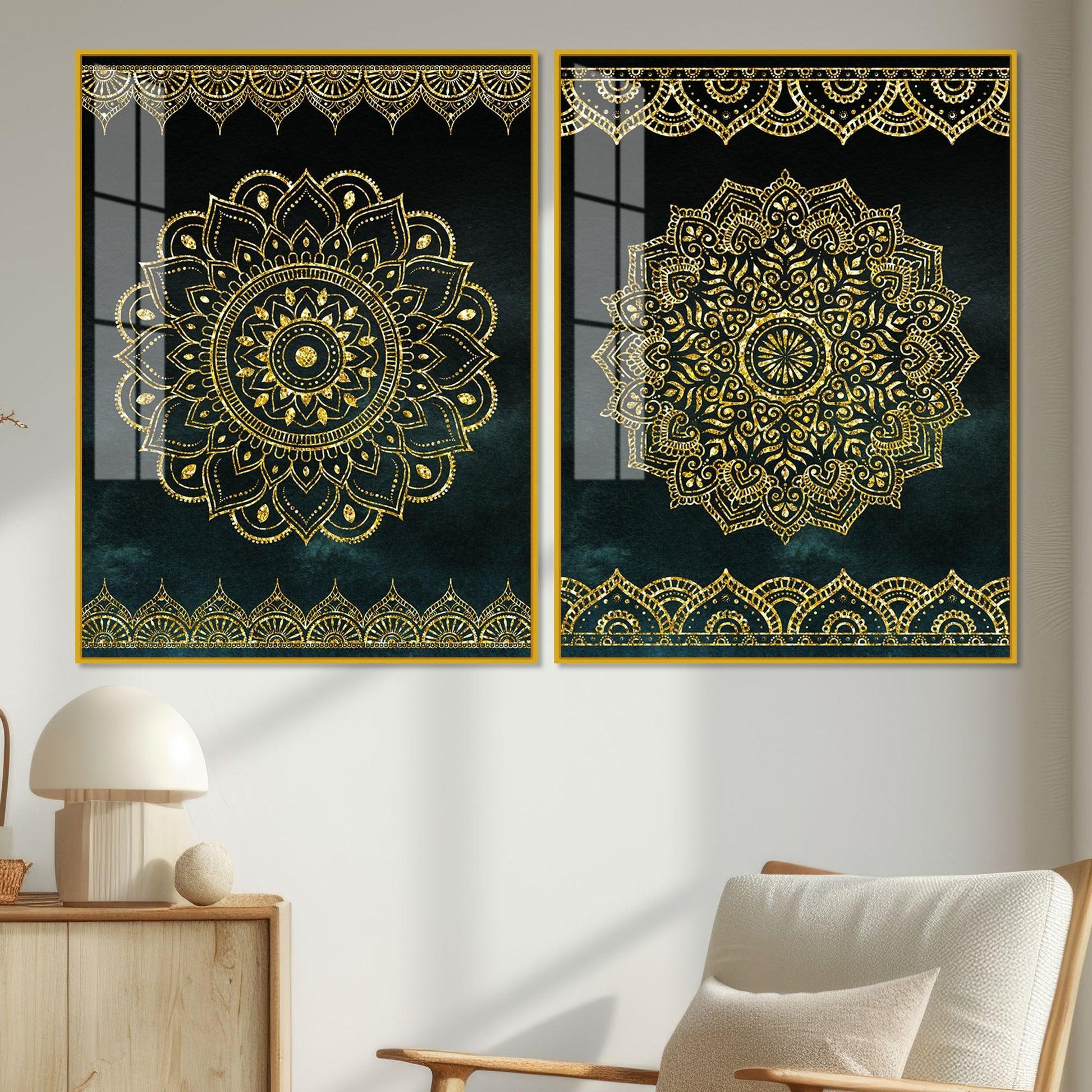 Golden Mandala Pattern Acrylic Floating Wall Painting Set of 2 - Decor Smart