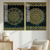 Golden Mandala Pattern Acrylic Floating Wall Painting Set of 2 - Decor Smart