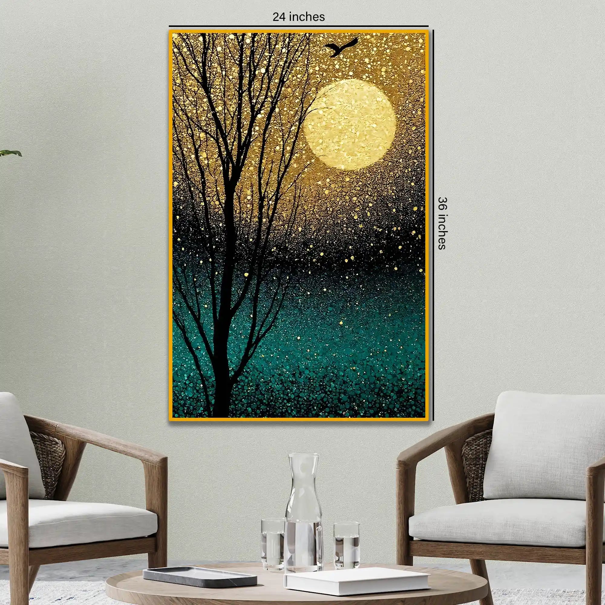 Golden Moonlit Serenity Floating Frame Crystal Wall Painting