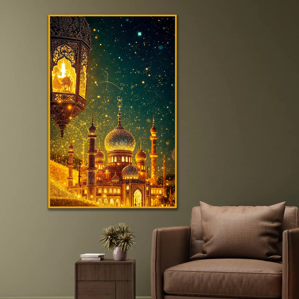Golden Mosque Night Wall Art Floating Frame Crystal Wall Painting