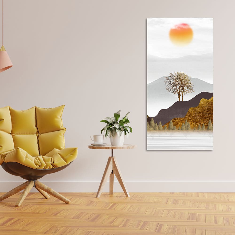 Golden Mountain with Beautiful Sunrise Premium Canvas Wall Painting - Decor Smart