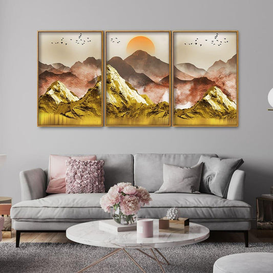 Golden Mountains and Birds Scenery Floating Canvas Wall Painting Set of Three - Decor Smart