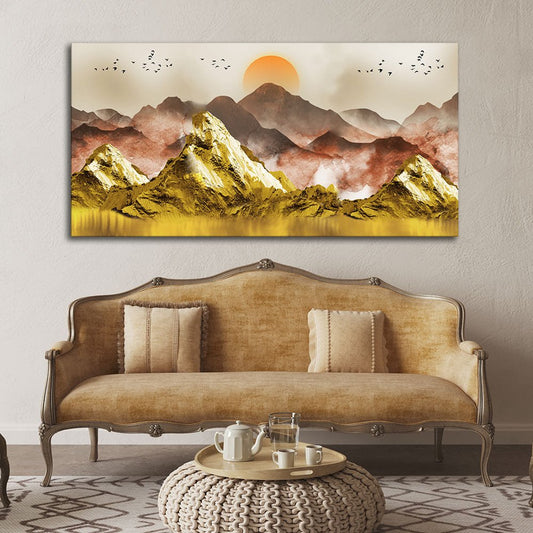 Golden Mountains and Birds Scenery Premium Canvas Wall Painting - Decor Smart