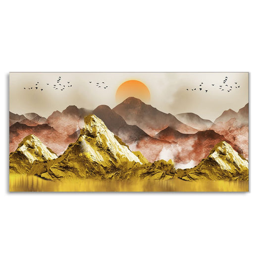 Golden Mountains and Birds Scenery Premium Canvas Wall Painting - Decor Smart