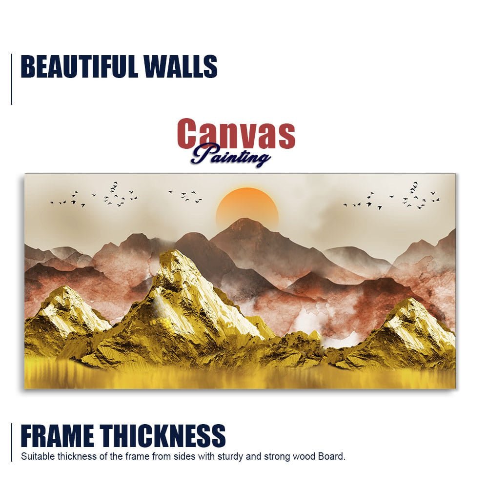 Golden Mountains and Birds Scenery Premium Canvas Wall Painting - Decor Smart