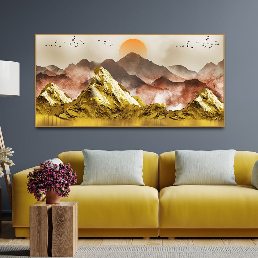Golden Mountains and Birds Scenery Premium Canvas Wall Painting - Decor Smart