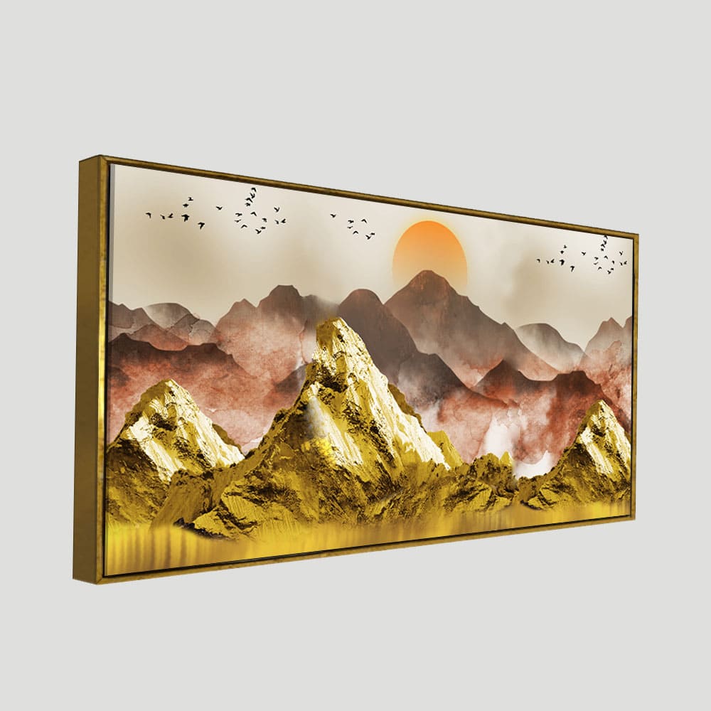 Golden Mountains and Birds Scenery Premium Canvas Wall Painting - Decor Smart