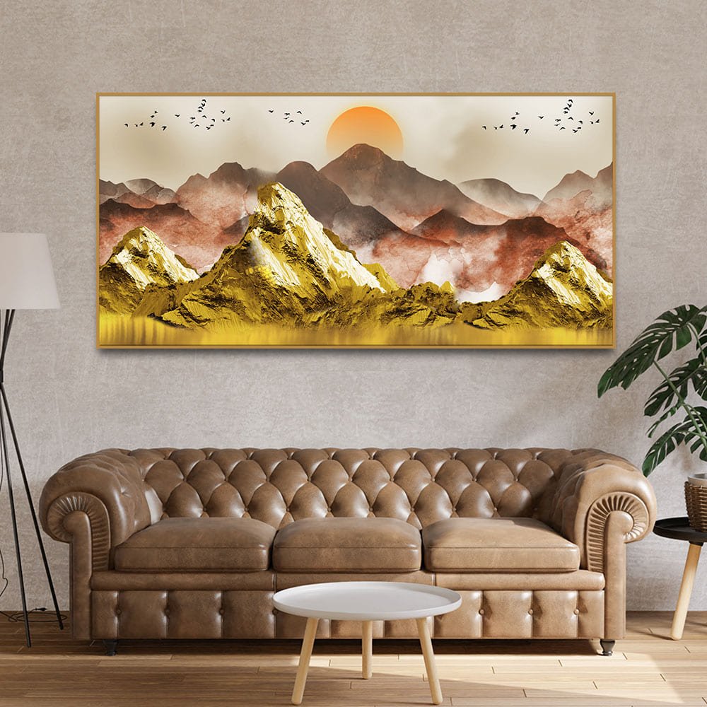 Golden Mountains and Birds Scenery Premium Canvas Wall Painting - Decor Smart