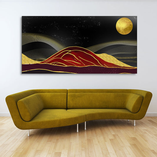 Golden Mountains lines Art with Moon Canvas Wall Painting - Decor Smart