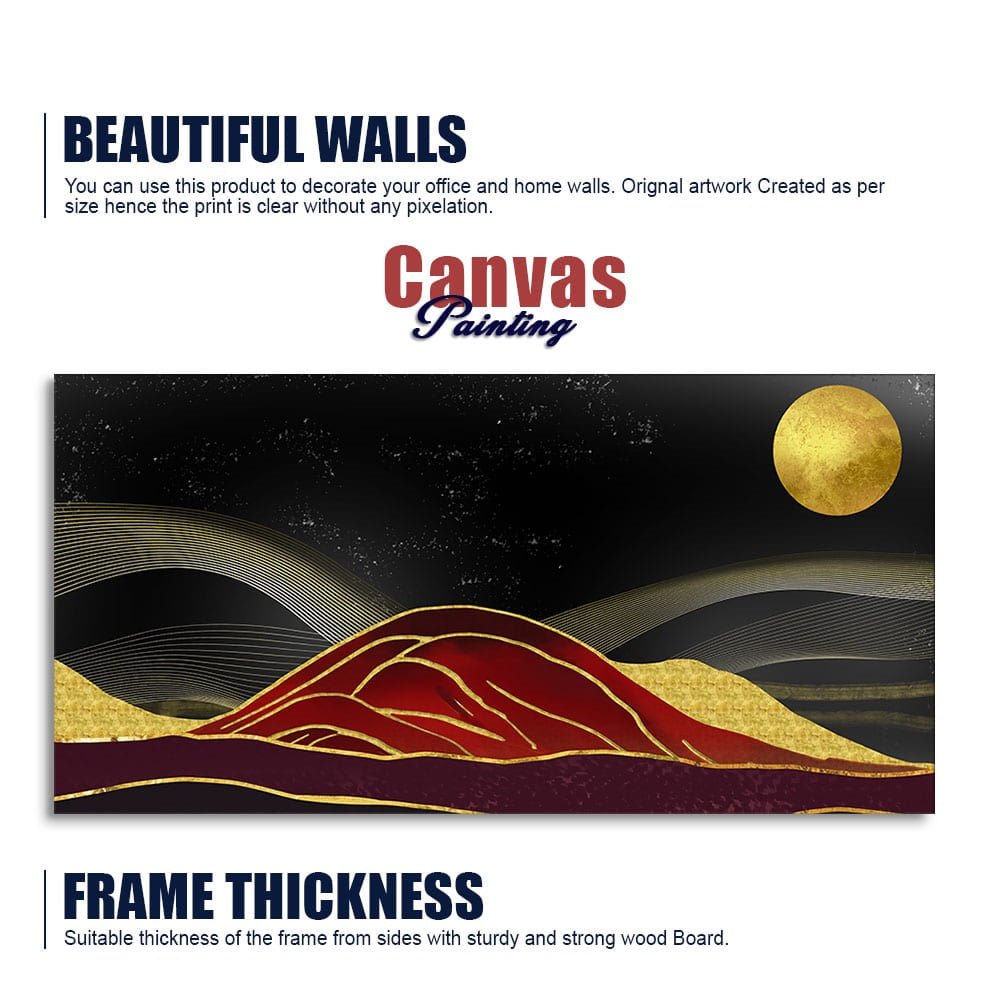 Golden Mountains lines Art with Moon Canvas Wall Painting - Decor Smart