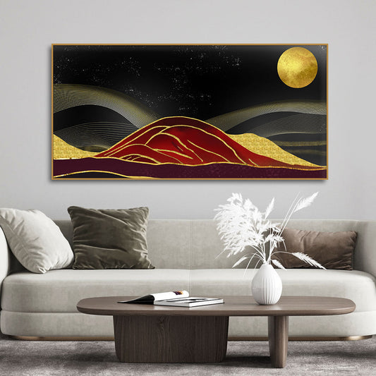 Golden Mountains lines Art with Moon Canvas Wall Painting - Decor Smart
