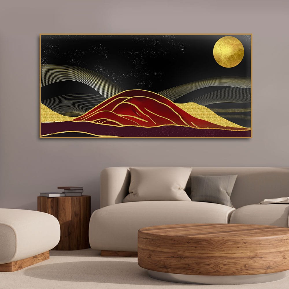 Golden Mountains lines Art with Moon Canvas Wall Painting - Decor Smart