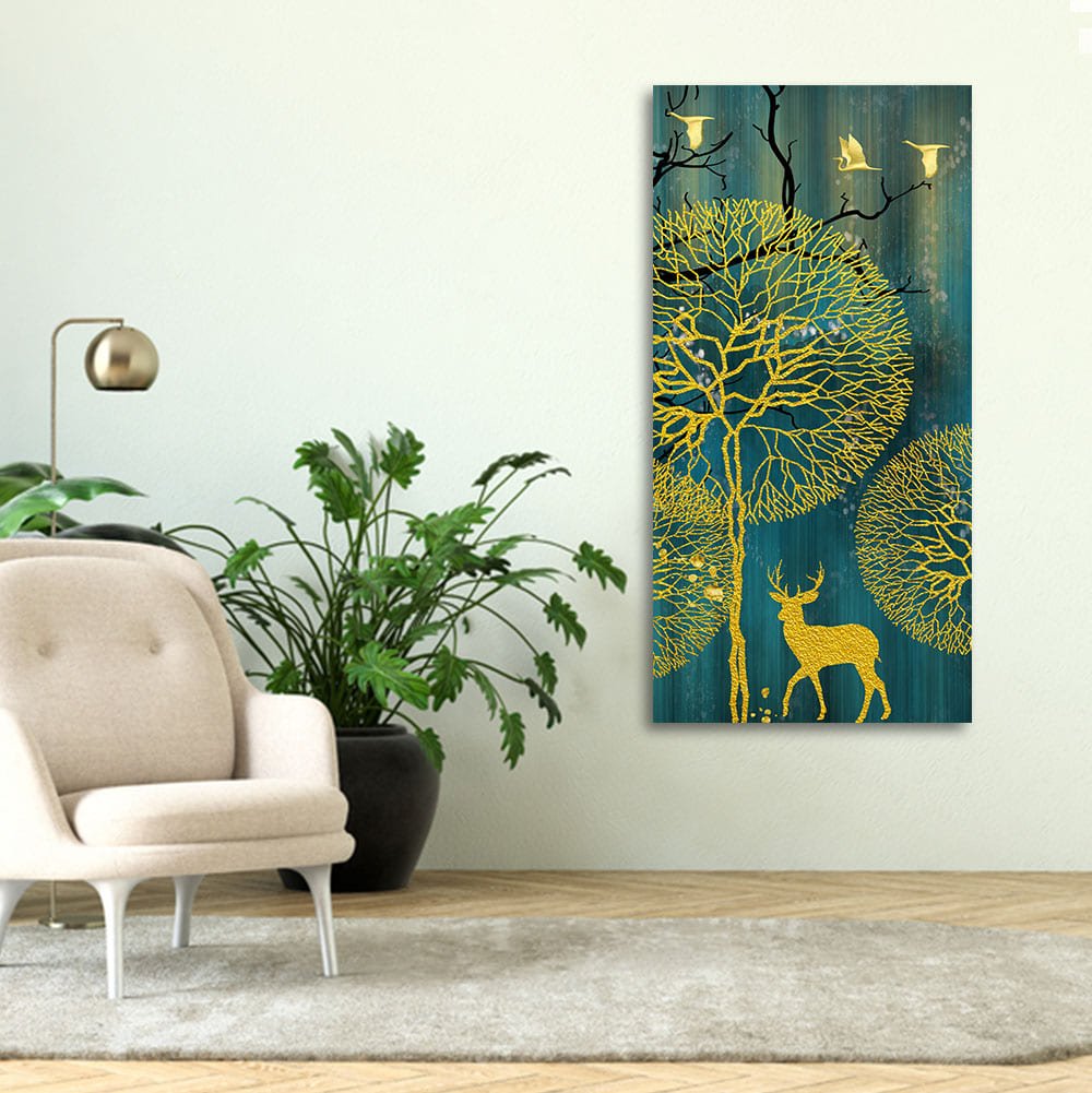 Golden Nightscape with Deer and Golden birds Canvas Wall Painting - Decor Smart