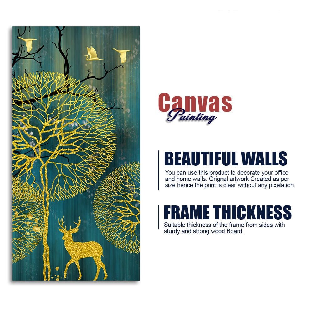 Golden Nightscape with Deer and Golden birds Canvas Wall Painting - Decor Smart
