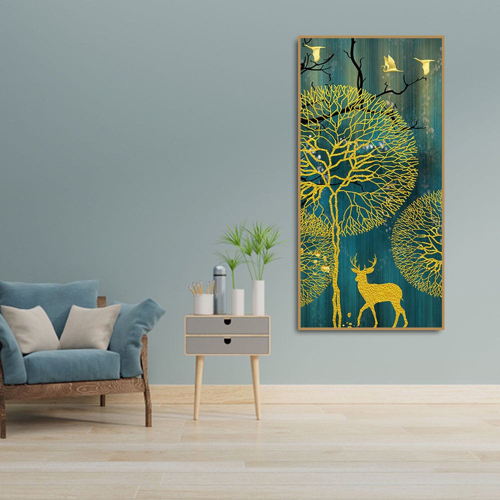 Golden Nightscape with Deer and Golden birds Canvas Wall Painting - Decor Smart