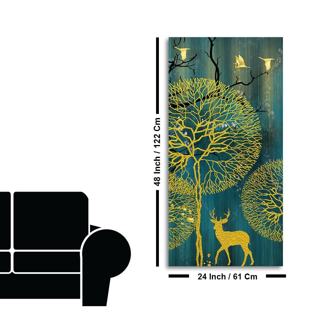 Golden Nightscape with Deer and Golden birds Canvas Wall Painting - Decor Smart