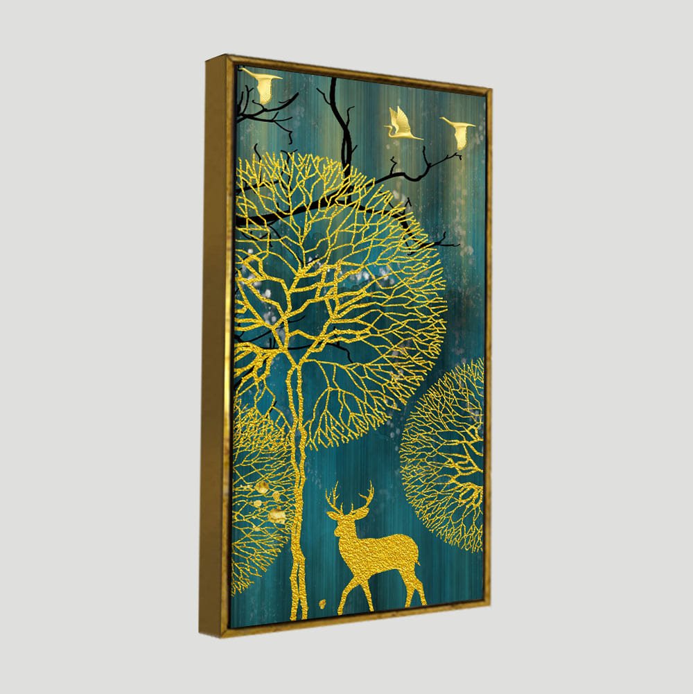 Golden Nightscape with Deer and Golden birds Canvas Wall Painting - Decor Smart