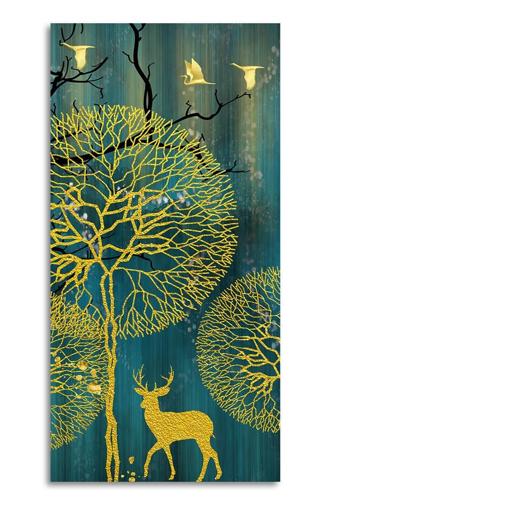 Golden Nightscape with Deer and Golden birds Canvas Wall Painting - Decor Smart
