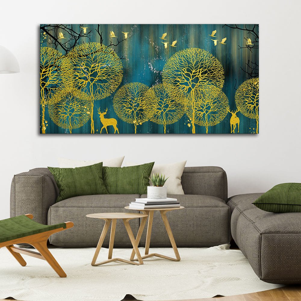 Golden Nightscape with Deers and Golden birds Canvas Wall Painting - Decor Smart