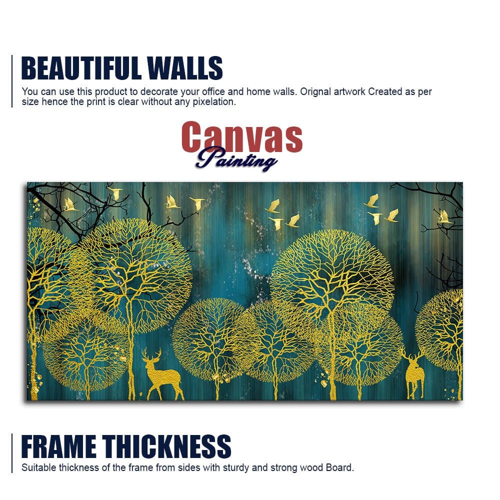 Golden Nightscape with Deers and Golden birds Canvas Wall Painting - Decor Smart