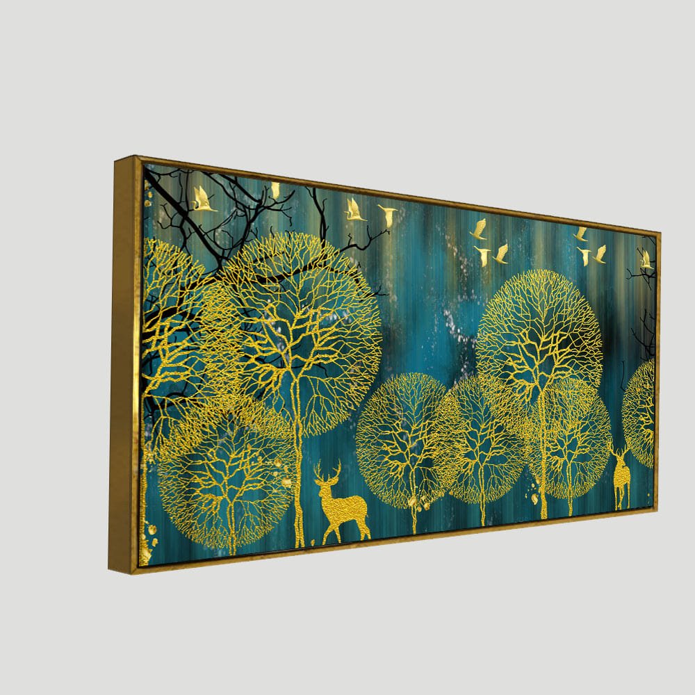 Golden Nightscape with Deers and Golden birds Canvas Wall Painting - Decor Smart