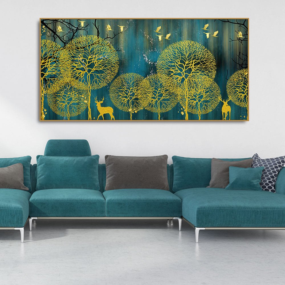Golden Nightscape with Deers and Golden birds Canvas Wall Painting - Decor Smart
