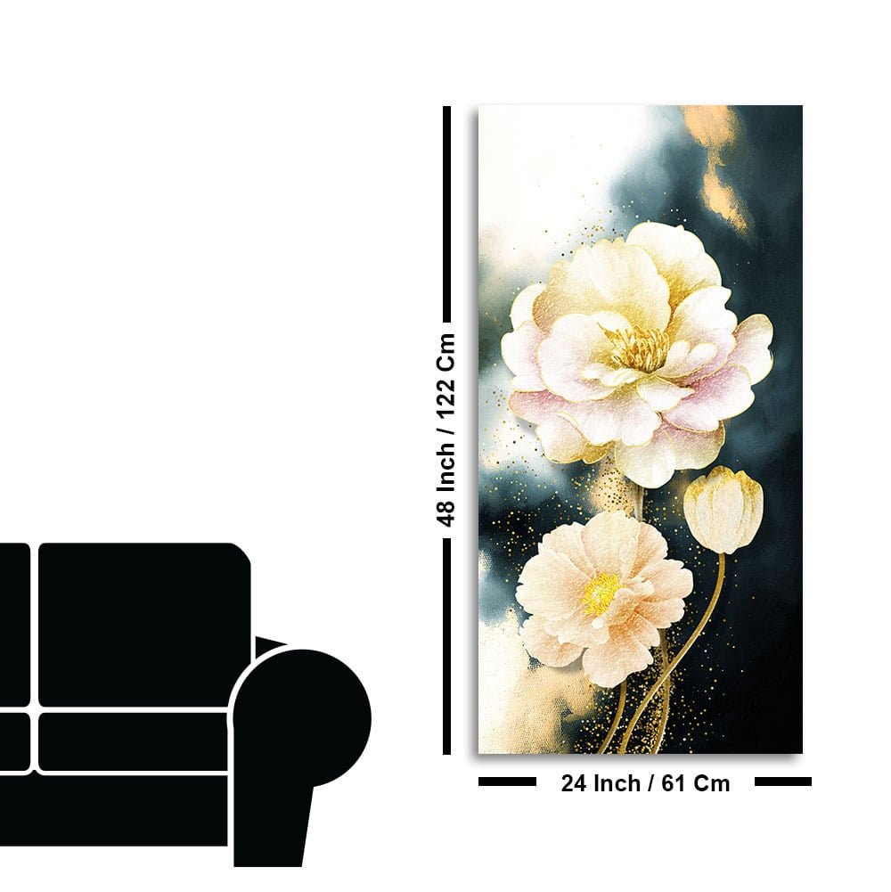 Golden Particles with White Flower Premium Canvas Wall Painting - Decor Smart