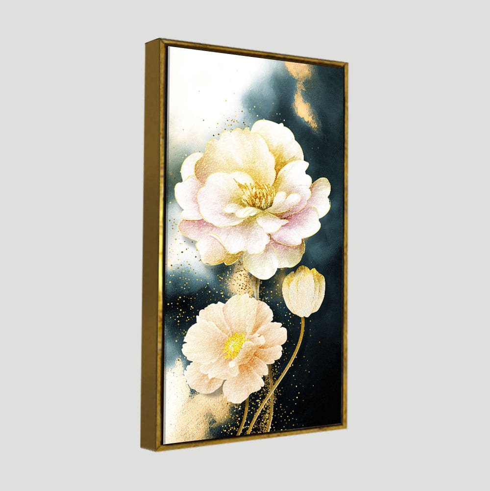 Golden Particles with White Flower Premium Canvas Wall Painting - Decor Smart
