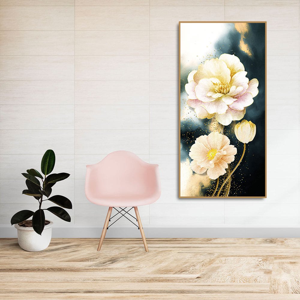 Golden Particles with White Flower Premium Canvas Wall Painting - Decor Smart